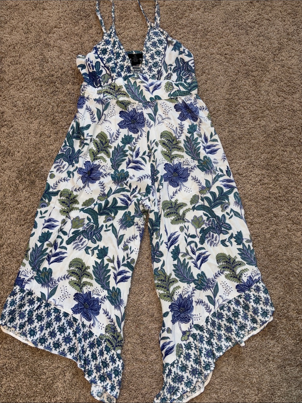 Angie White Floral Spaghetti-Strap Wide-Leg Jumpsuit with Blue & Green Print